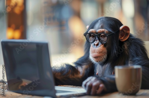 Chimpanzee Working on Laptop in a Cafe