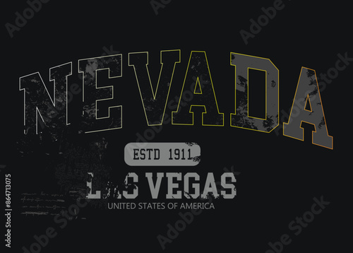 grunge nevada College, graffiti slogan print with neon spray,Vintage typography college varsity nevada state slogan print for tee t shirt or sweatshirt.eps8 photo