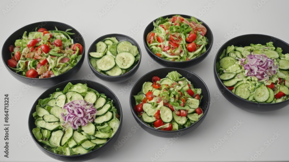variety of salads in black bowls on a white surface with tomatoes, cucumbers, onions variety of salads in black bowls on a white surface with tomatoes, cucumbers, onions
