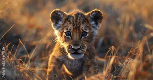 A Young Lion Cub In Grassy African Savanna At Sunset