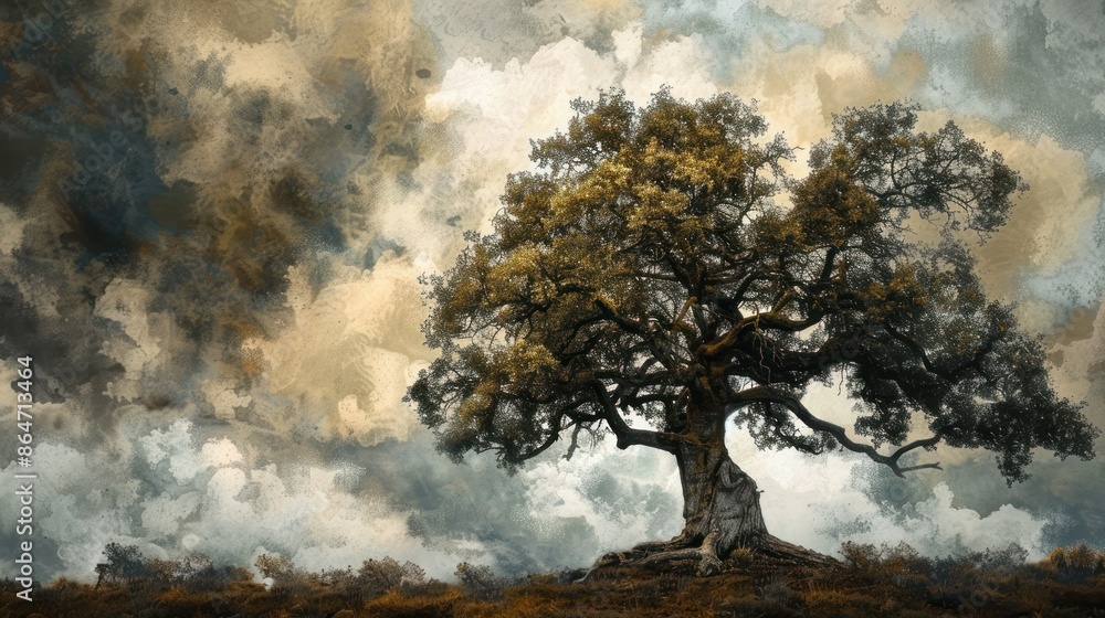 A solitary tree stands majestically against a dramatic sky with billowing clouds, creating a striking and serene landscape scene. A solitary tree stands majestically against a dramatic sky with billowing clouds, creating a striking and serene landscape scene.