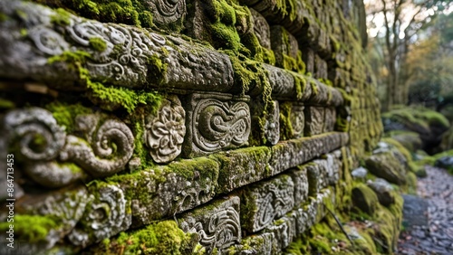 A textured stone wall with ancient carvings and moss.