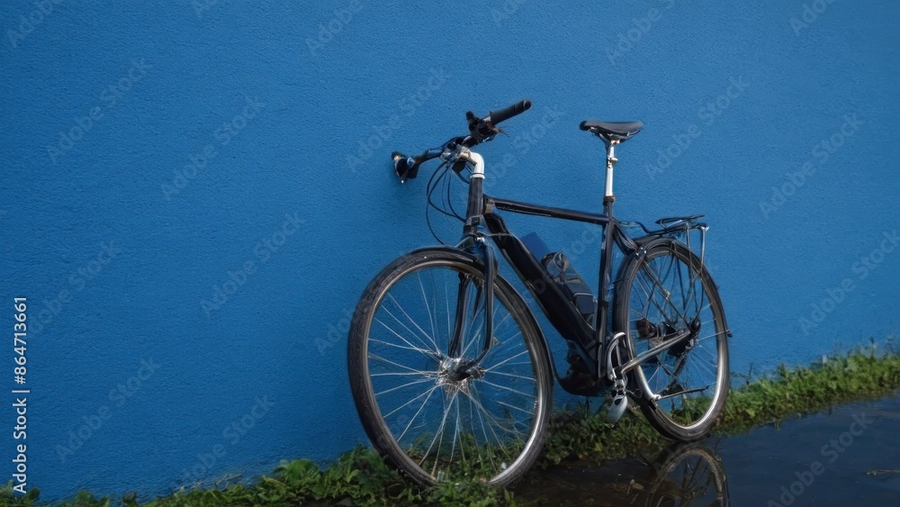 Fototapeta premium bike is parked in front of a blue wall and a small stream of water