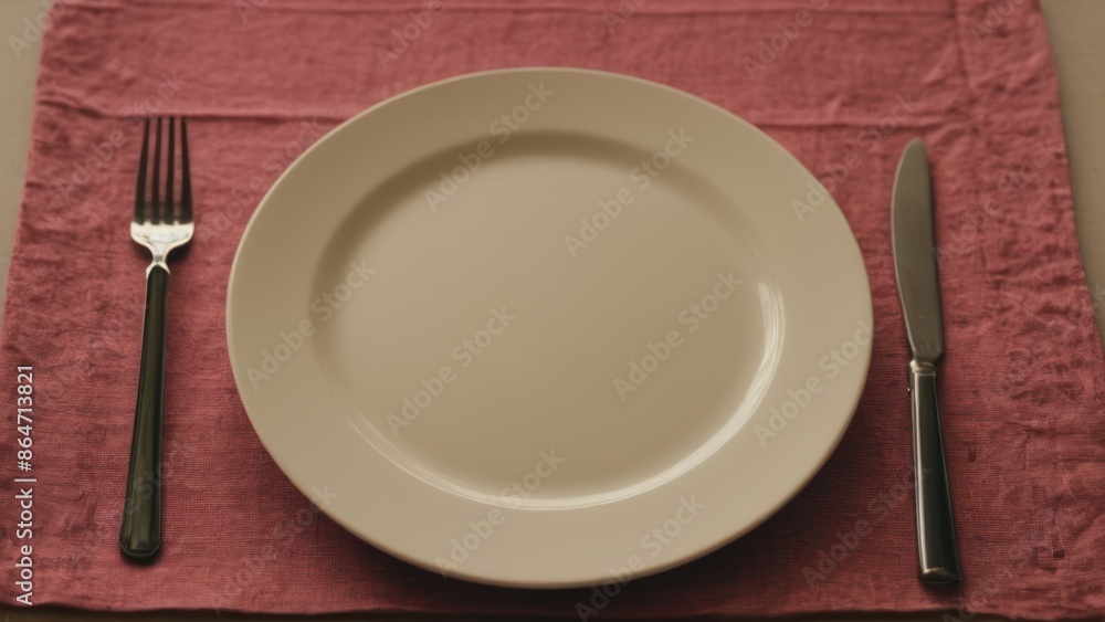 plate with a knife, fork and napkin on top of a cloth covered table plate with a knife, fork and napkin on top of a cloth covered table