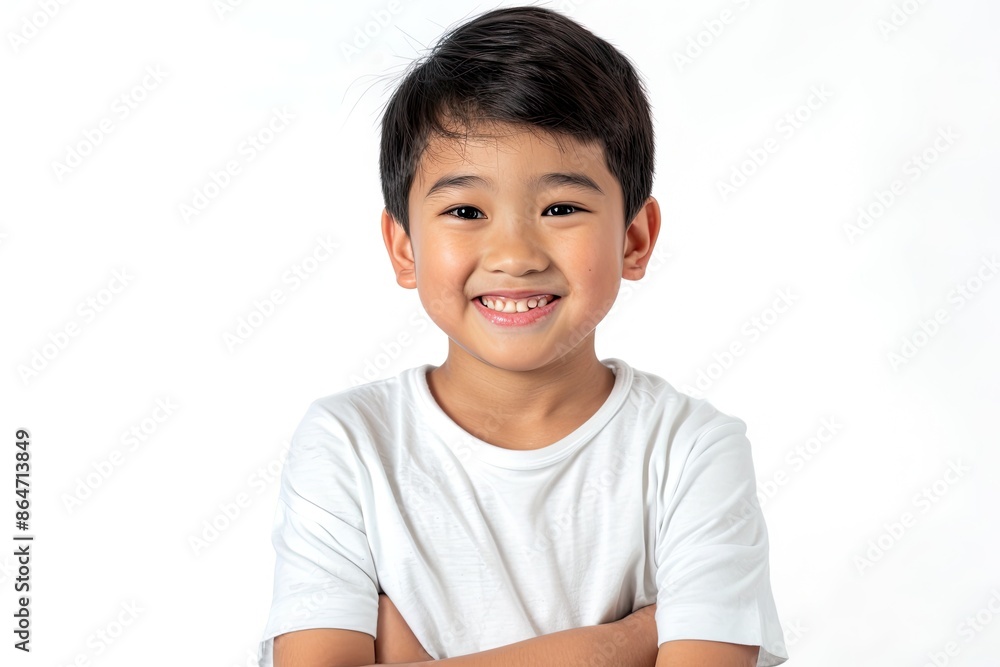 Portrait of a happy and smiling young Asian boy with crossed arms on a white background. Concepts. childhood, innocence, happiness, joy. Portrait of a happy and smiling young Asian boy with crossed arms on a white background. Concepts. childhood, innocence, happiness, joy.