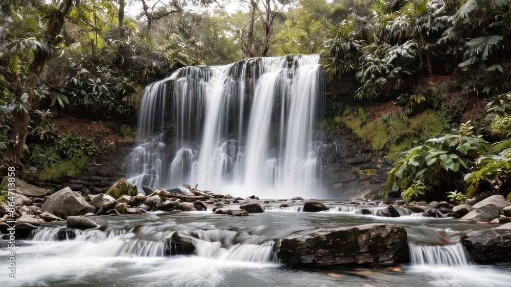 Obraz premium A tranquil waterfall, isolated against a pure white background.