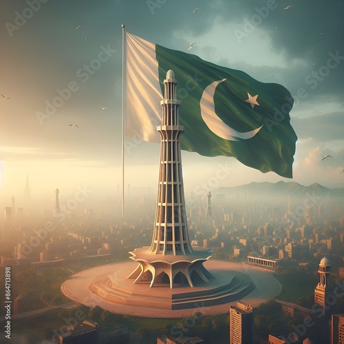 Pakistan flag flying high atop a tower, symbolizing national pride and patriotism.