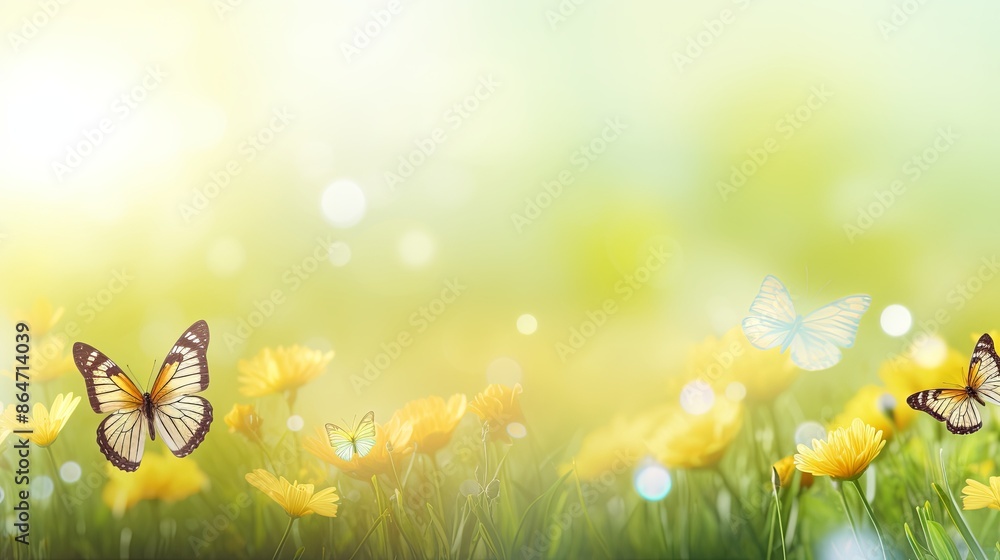 Beautiful spring meadow background with a butterfly flying in the sunlight Beautiful spring meadow background with a butterfly flying in the sunlight