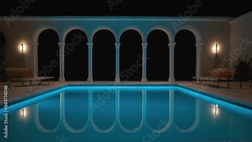 pool with three arches in the middle of it and a bench in the middle of the pool