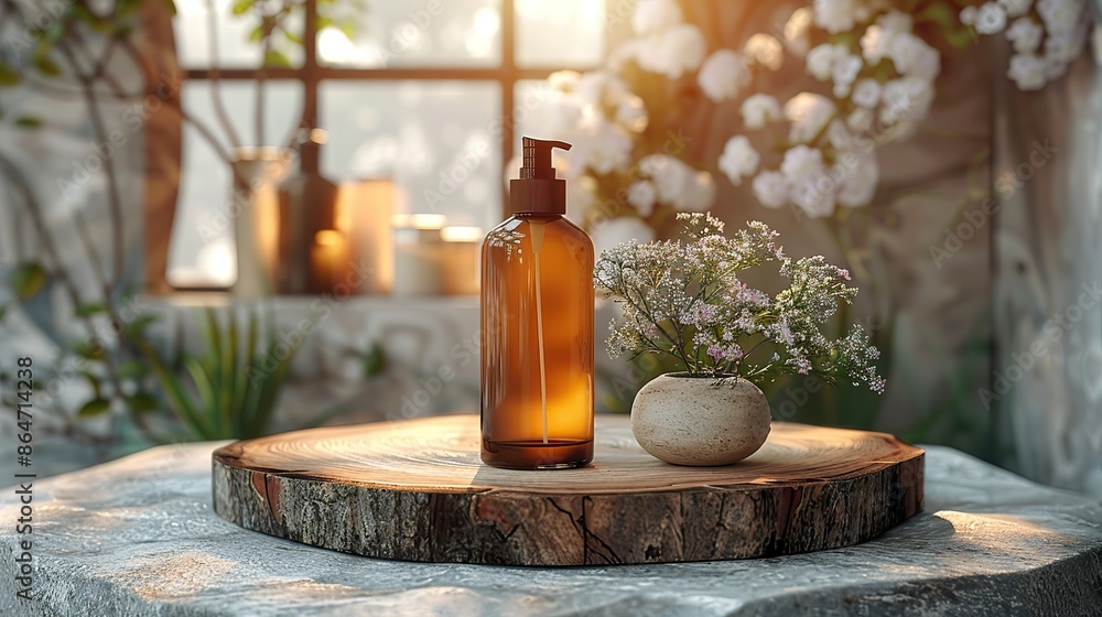 amber glass spray bottle with blank label on wooden and stone podium natural beauty product design cosmetics branding.image graphic amber glass spray bottle with blank label on wooden and stone podium natural beauty product design cosmetics branding.image graphic
