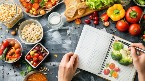 Healthy meal planning with fresh vegetables, fruits, and grains, featuring a top view of a person writing in a notebook surrounded by nutritious food. photo