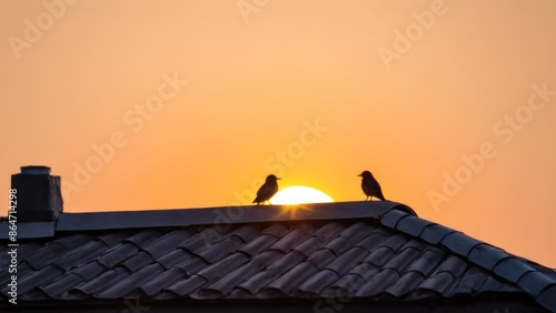 a photograph of two birds sitting on the roof of a house at sunset with the sun in the background