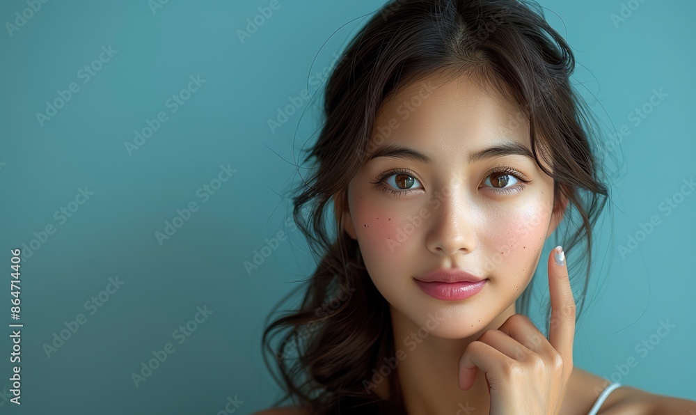 beautiful young asian woman model long hair with natural makeup on face pointing finger to copy space on , blue background cute girl portrait facial treatment body care beauty and spa.image beautiful young asian woman model long hair with natural makeup on face pointing finger to copy space on , blue background cute girl portrait facial treatment body care beauty and spa.image