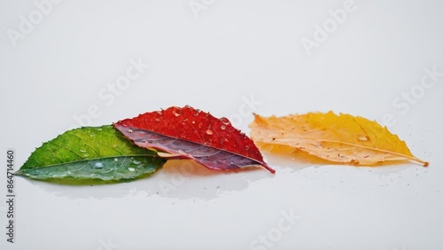 group of four different colored leaves on top of a white surface with drops of water on them