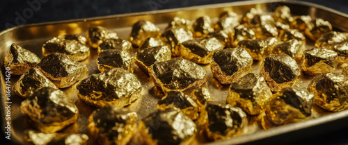 Wallpaper Mural A close-up shot of raw gold nuggets in a gold-colored tray. The nuggets are scattered throughout the tray, some overlapping, showcasing their irregular shapes and textures Torontodigital.ca