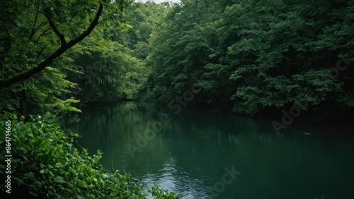 body of water surrounded by lush green trees and bushes in the middle of a forest