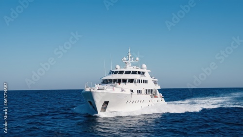 large white boat traveling across a large body of water on a clear, blue day