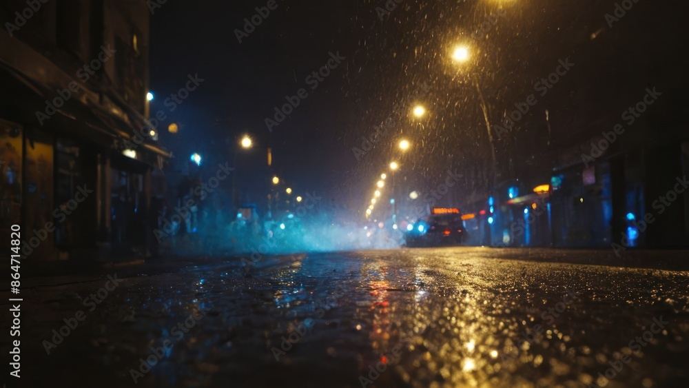 Obraz premium wet street with lights in the background and smoke coming out of the top of it