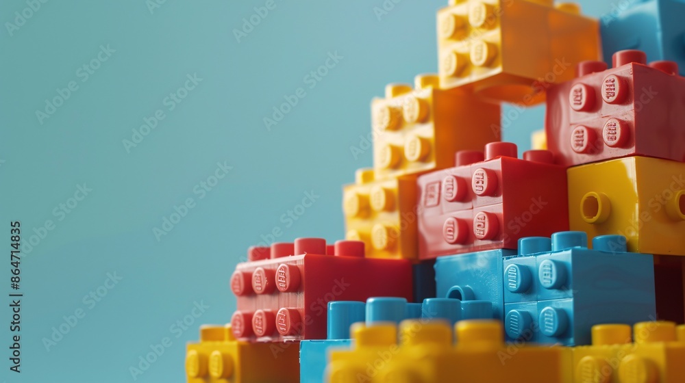 Naklejka premium Closeup of colorful plastic building blocks on blue background with copy space.