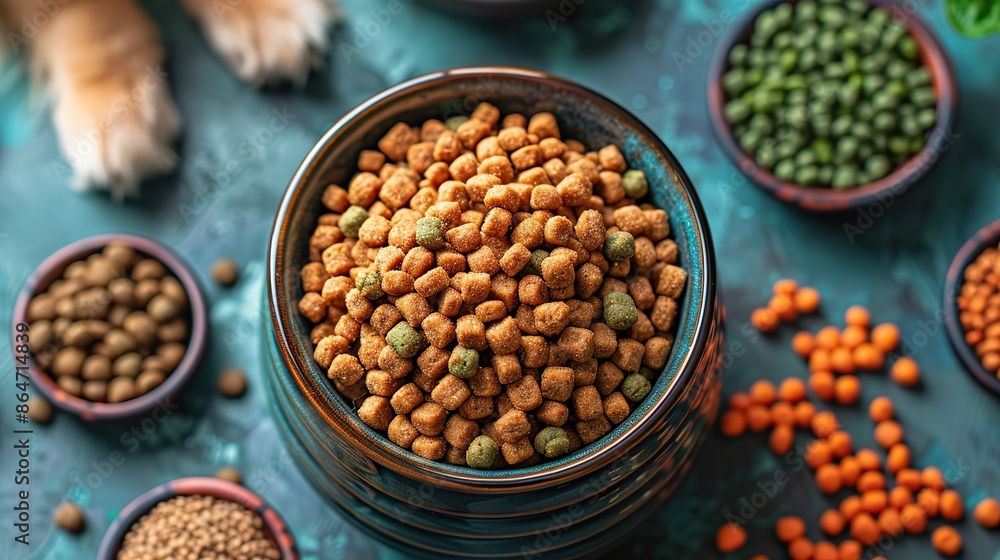pet care bowl with dry food for dog or cat and pet accessories on color background.image illustration pet care bowl with dry food for dog or cat and pet accessories on color background.image illustration
