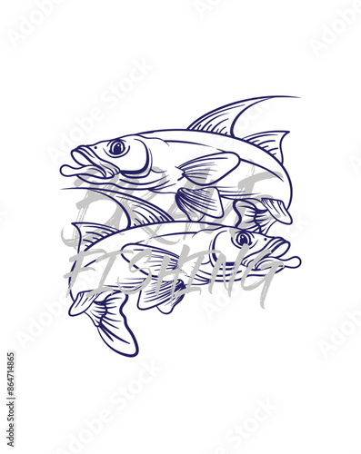 handrawn fishing logo illustration, grunge with text brave and fishing