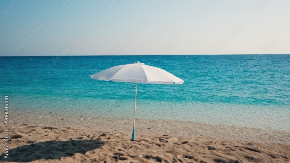 white umbrella sitting on top of a beach next to a body of blue water white umbrella sitting on top of a beach next to a body of blue water