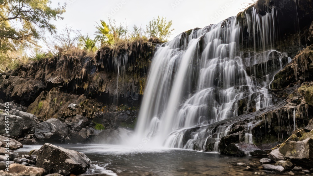 Obraz premium A clear waterfall in a serene setting, isolated against a pure white background.