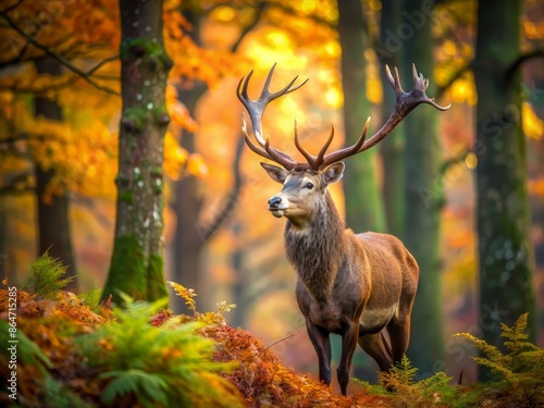 A majestic stag with impressive antlers roams freely in a lush forest, feeding on foliage, surrounded by serene wilderness and vibrant autumn colors. photo