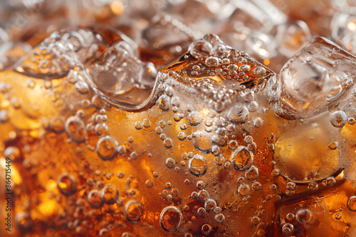 Macro cola texture, cola with ice food background, cola close-up, design element. beer macro bubbles, ice, bubble, background, ice cubes, abstract backgrounds.