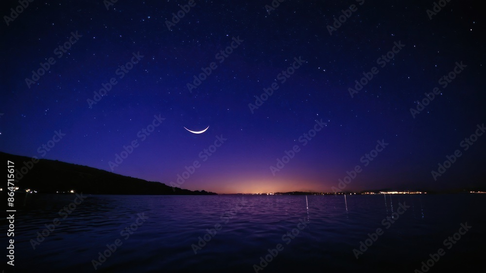 view of the night sky with stars and a crescent in the sky over a body of water view of the night sky with stars and a crescent in the sky over a body of water