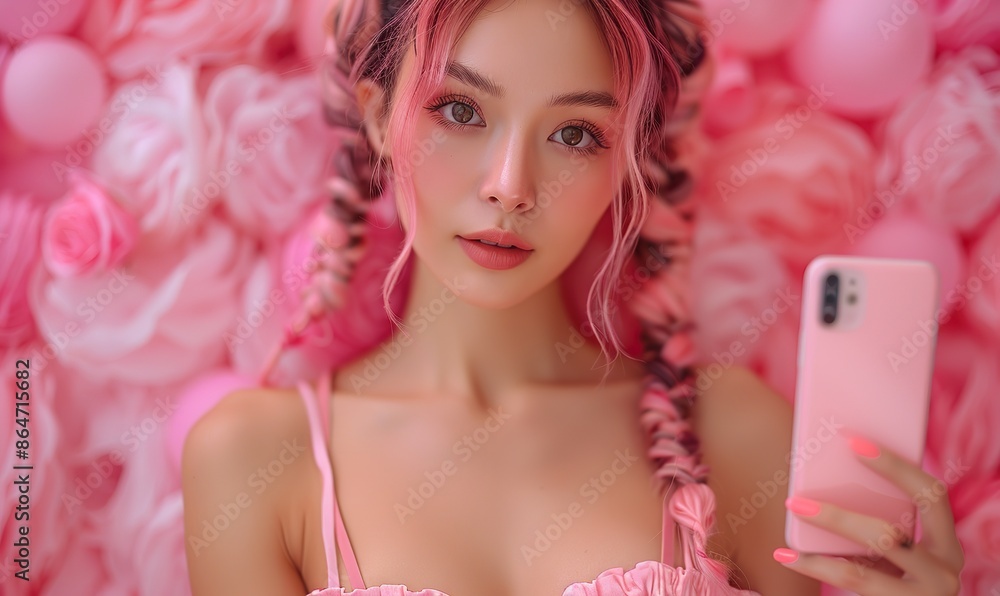 full length gorgeous fashionable asian woman two side braids in tight trendy dress perfect slim fit body clean fresh skin holding mobile phone selfie on , pink background.image graphic full length gorgeous fashionable asian woman two side braids in tight trendy dress perfect slim fit body clean fresh skin holding mobile phone selfie on , pink background.image graphic
