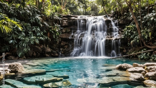 A waterfall cascading into a crystal-clear pool, set against a minimalist white background.