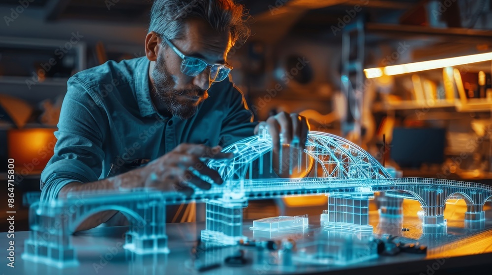 A man is working on a model of a bridge A man is working on a model of a bridge