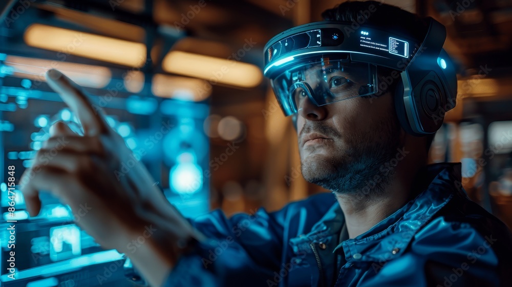 A man wearing a virtual reality headset is pointing at a screen A man wearing a virtual reality headset is pointing at a screen