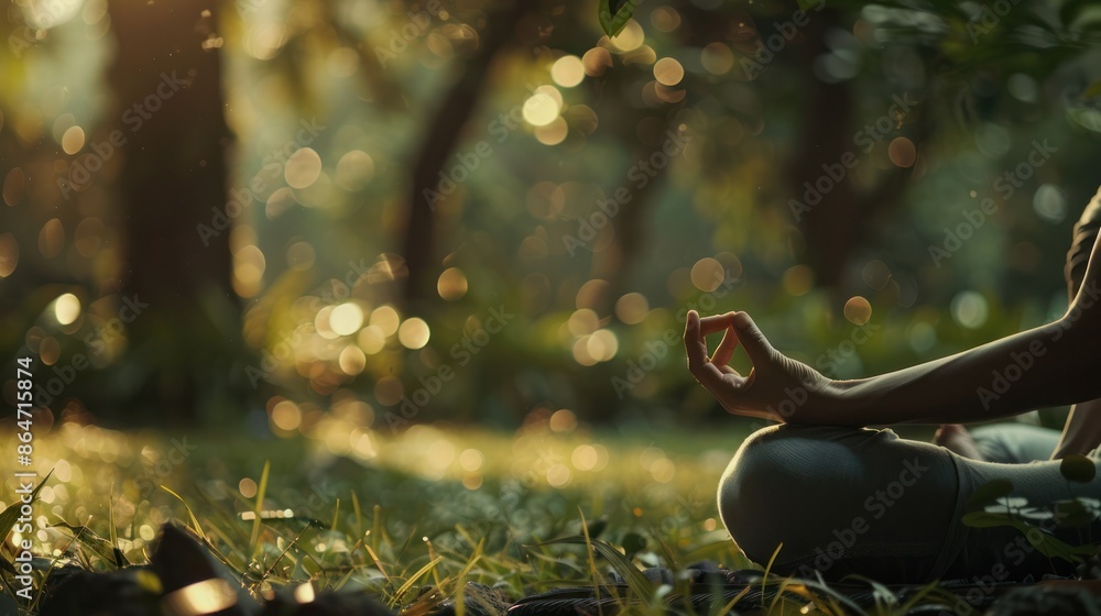 Person meditating in a serene forest setting with sunlight filtering through the trees, evoking peace and tranquility. Person meditating in a serene forest setting with sunlight filtering through the trees, evoking peace and tranquility.