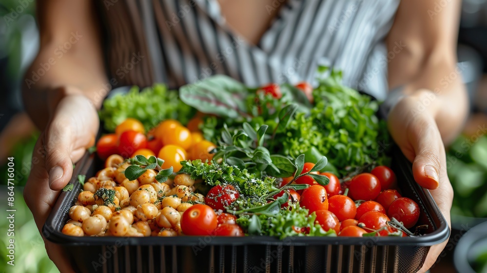 women s hands hold lunchbox of healthy food over wooden table.illustration women s hands hold lunchbox of healthy food over wooden table.illustration