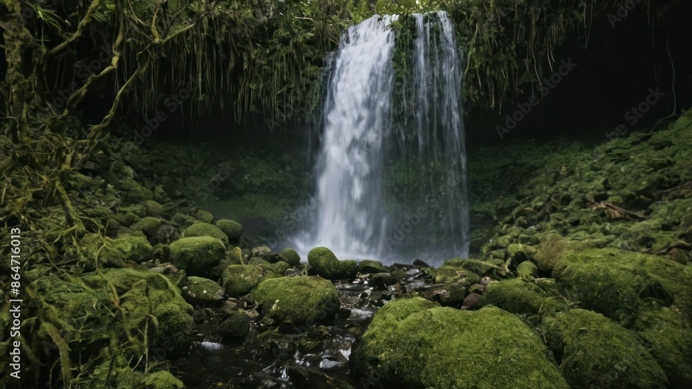 waterfall in the middle of a lush green forest filled with rocks and mossy plants waterfall in the middle of a lush green forest filled with rocks and mossy plants