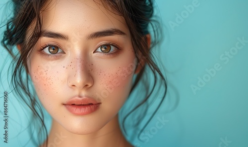 young asian beauty woman pull back hair with koreans makeup style on face and perfect clean skin show blank space on , blue background.image illustration