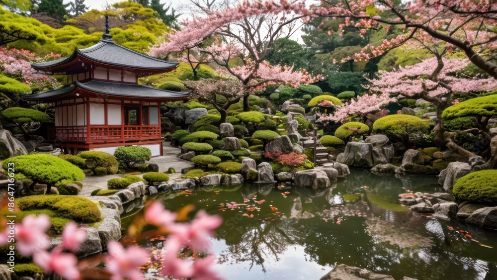 A tranquil Japanese tea garden with a traditional tea house, koi pond, and blooming cherry blossoms. A tranquil Japanese tea garden with a traditional tea house, koi pond, and blooming cherry blossoms.