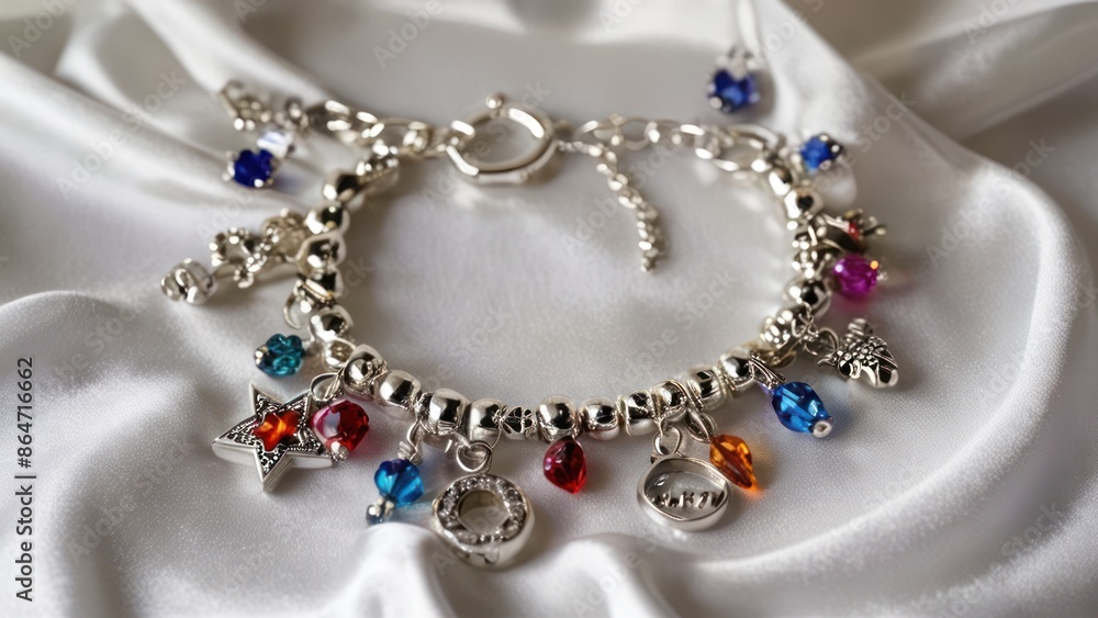 A shiny silver bracelet with charms, on a white satin cloth. A shiny silver bracelet with charms, on a white satin cloth.