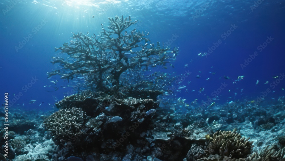 Fototapeta premium large group of fish swimming in the water near a coral reef with a tree in the background