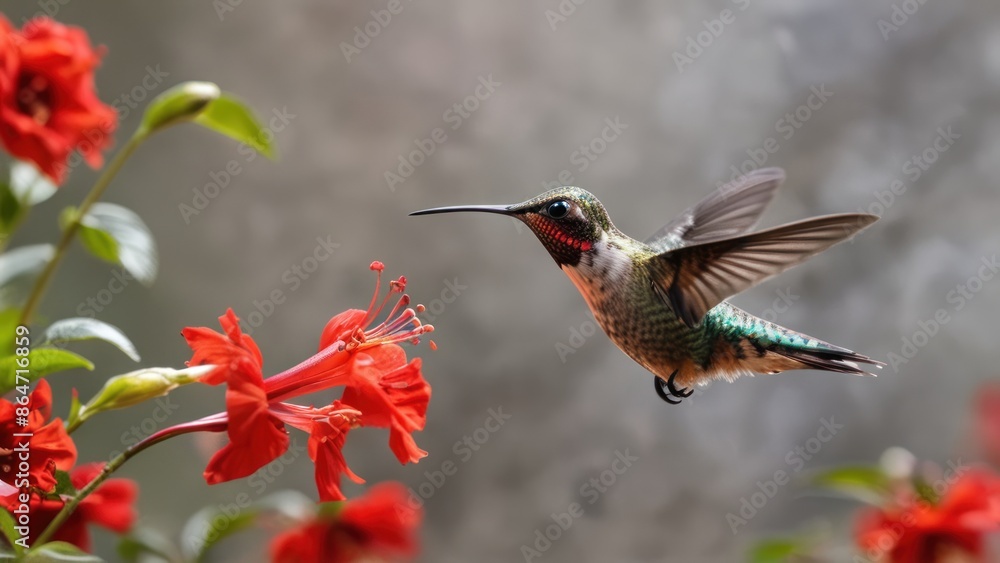 Fototapeta premium A close-up of a hummingbird hovering near a red flower, captured in high-resolution detail.