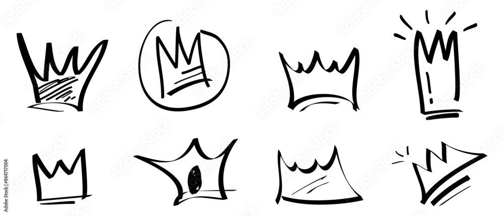 Fototapeta premium collection of Doodle crown sign in black over white. hand drawn king crown symbol. isolated on white background. vector illustration