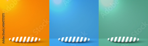 Set of Yellow, Blue, Green room studio with Base in stripe colors patterns and sunlight. Platform for display product, show, sale. Summer background. Vector illustration.