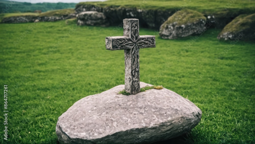 stone cross sitting on top of a lush green field next to a large rock stone cross sitting on top of a lush green field next to a large rock