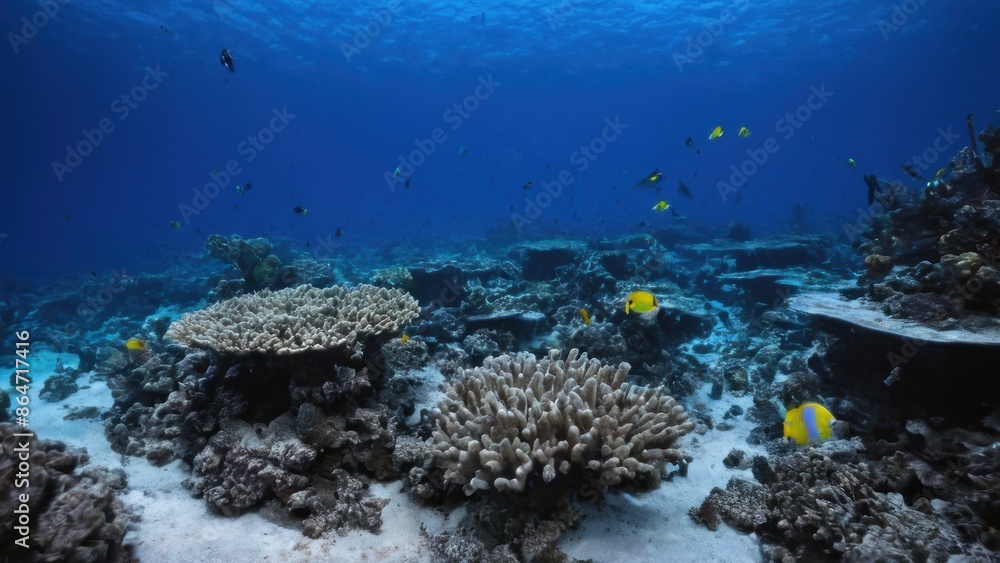 Obraz premium coral reef with a variety of fish in the water and a few corals in the foreground