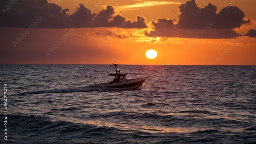 a photograph of the sun is setting over the ocean with a boat in the water and clouds in the sky a photograph of the sun is setting over the ocean with a boat in the water and clouds in the sky