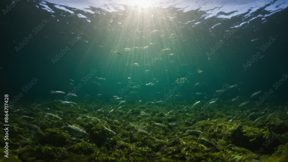 large group of fish swimming in a body of water with algae on the bottom of the water large group of fish swimming in a body of water with algae on the bottom of the water