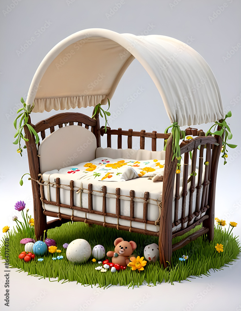 Obraz premium 3D Model Cartoon bed in the Garden Character 3D Rendered on a White Background.