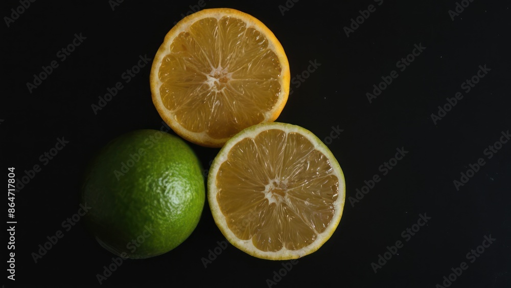 a photograph of oranges, limes, and lemons cut in half on a black surface a photograph of oranges, limes, and lemons cut in half on a black surface